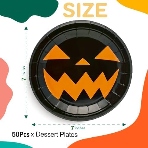 50Pcs Halloween Party Supplies Halloween Paper Plate 7Inch Pumpkin Plates Fall Pumpkin Monster Paper Plates for Haunted House Themed Black Orange Fall Birthday Party Decorations (Black) - Image 2