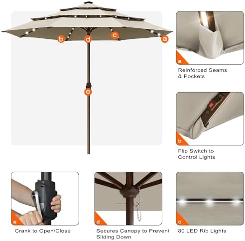 EliteShade USA 10-Year-Non-Fading 10ft 3-Tier Market Patio Umbrella, Commercial Table Umbrella with 80 Solar LED Lights, Crank Open, Windproof & UPF 50+ UV Protection for Garden, Deck, Pool, Backyard, No Tilt, Antique Beige - Image 5