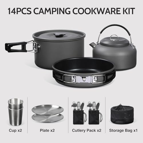 REDCAMP 6/10/11/12/14/15/19 PCS Camping Cookware Mess Kit Camping Gear Campfire Utensils Lightweight Stackable Pot Pan Bowls Soup Spoon with Storage Bag for Camping, Backpacking, Outdoor Cooking - Image 2