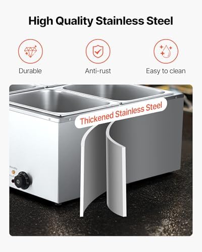 VEVOR Commercial Food Warmer, 1500W Electric Stainless Steel Steam Food Warmer with Lid, 4-Pan Fast Heating Countertop Buffet Bain Marie with Soup & Perforated Ladles, for Catering, Restaurant, Party - Image 4