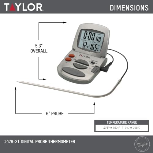 Taylor Precision Products Programmable with Timer Instant Read Wired Probe Digital, Meat, Food, Grill BBQ Cooking Kitchen Thermometer, Stainless Steel - Image 3