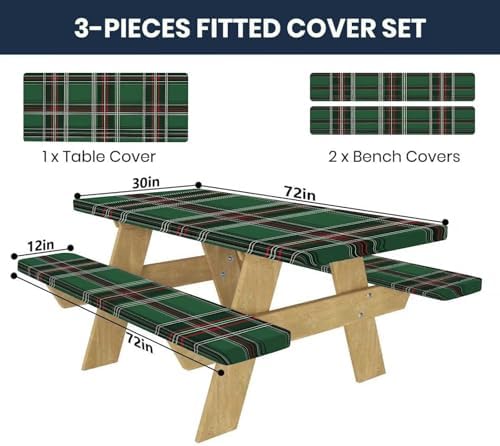 CAPSCEOLL Picnic Table Cover with Bench Covers 6ft - Green Buffalo Plaid - Image 2
