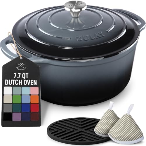 Zulay Kitchen 7.7 Quart Enameled Cast Iron Dutch Oven Pot with Lid – Premium Durability & Oven Safe up to 500°F – Heavy Duty Cookware Perfect for Bread Baking, Stews, Braising & Roasting – Gray by ZulayKitchen