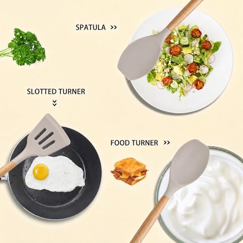 MIBOTE Silicone Cooking Kitchen Utensils Set, Wooden Handle, Khaki - Image 3