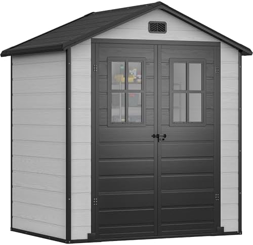 DWVO 6x4.4 FT Outdoor Storage Shed, Plastic Garden Tool Shed with 2 Windows, Double-Wall Outside Shed for Lawn Mower, Garden Tool for Backyard, Patio, Lawn, Lockable, Grey & Black by DWVO