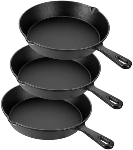 Vesici 3 Pcs Cast Iron Skillet Frying Pans with Drip-spouts Circle Non-stick Frying Skillet Omelette Pan Safe Healthy Cookware for Home Barbecue Kitchen Party Restaurant Catering Service (10.2 Inch) by Vesici
