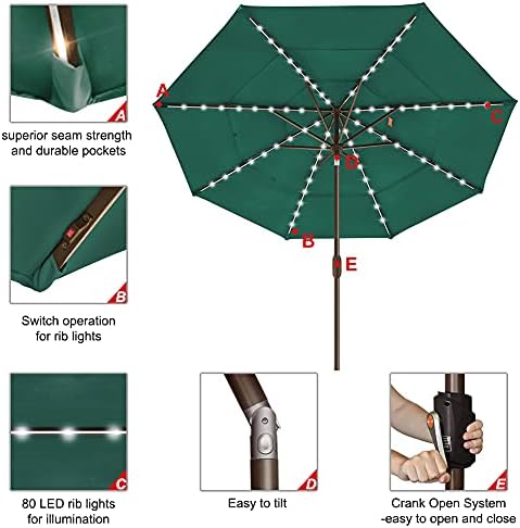 EliteShade USA 10-Year-Non-Fading 9ft 3-Tier Market Patio Umbrella, Commercial Table Umbrella with 80 Solar LED Lights, Crank Open, Windproof & UPF 50+ UV Protection for Garden, Deck, Pool, Backyard, Forest Green - Image 5