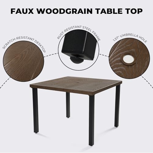 Grand patio 5-Piece Outdoor Dining Set for 4, Metal Woven Wicker Fixed Patio Chairs with Thickened Cushions & 1 Square Woodgrain Dining Table with Umbrella Hole for Backyard Deck (Brown) - Image 3