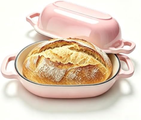 Oval Cast Iron Dutch Oven, Sourdough Bread Baking Pan with Lid, Pink by JINCHUFURI