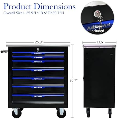 7-Drawer Heavy-Duty Rolling Steel Tool Cart with Handle&Wheels, Metal Storage Organizer Cabinet, Tool Chest for Efficient Tool Storage in Garage, Warehouse, Workshop, Repair Shop, Blue - Image 3