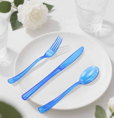 HEIPINIUYE 75 Pack Royal Blue Clear Plastic Cutlery Heavy Duty Clear Blue Plastic Knives Forks and Spoons Disposable Silverware Set for 25 Guest Camping Birthday Baby Shower Party Utensil Set - Image 7
