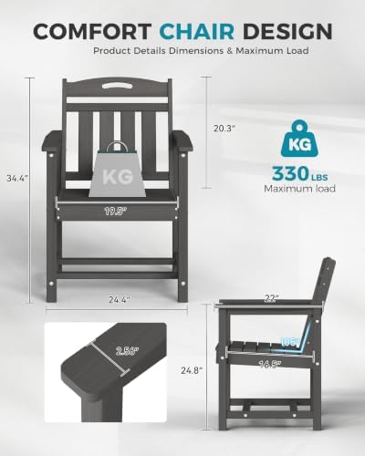 Ciokea HDPE Outdoor Patio Dining Chairs Set of 2, All-Weather, Grey - Image 2