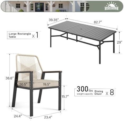 SUNSHINE VALLEY 9pc Patio Dining Set, 83" Metal Table & 8 Rattan Chairs - Image 5