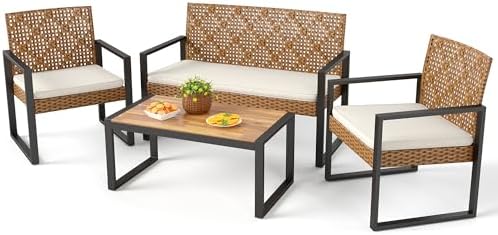 PHI VILLA 4 Piece Brown Wicker Patio Furniture Set with Beige Cushion by PHIVILLA