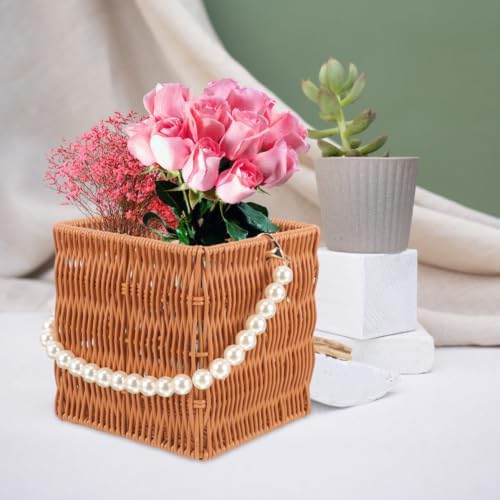 CLISPEED Woven Rattan Baskets Sturdy PP Simulation Rattan Material 2pcs with Pearl Handle, Square and Oval Shape Storage Baskets for Food and Books for Outdoor Picnic and Scenes - Image 6