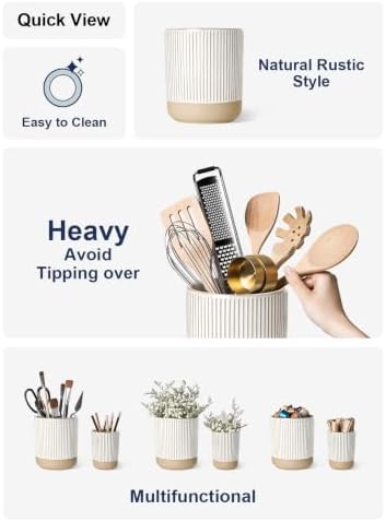 LE TAUCI Ceramic Kitchen Utensil Holder- 6.9" Large Cooking Utensil Crock & Organizer for Spatula, Spoon, Whisk - Farmhouse Countertop Storage, Cream Beige, Line - Image 4