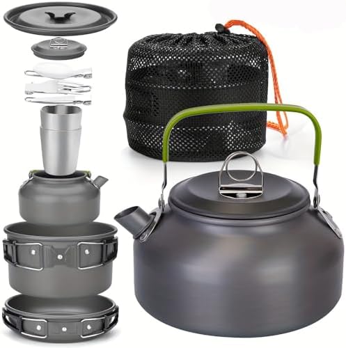 Camping Cookware Set(Green), Portable Backpacking Gear with Kettle, Pot, Pan, Cups & Foldable Cutlery, Lightweight Outdoor Cooking Kit for 2-3 People, Ideal for Hiking, Picnic & Camping by Pardarsey