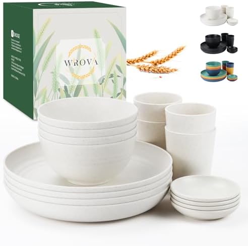 Wrova Wheat straw bowl and plate sets of 16 with cups - Unbreakable plastic dinnerware sets for kitchen - Microwave and Dishwasher safe dishes for kitchen,camping,indoors and out doors. White by WROVA