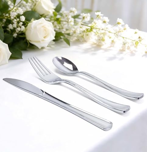 HEIPINIUYE 75 Pack Silver Plastic Cutlery Heavy Duty Silver Plastic Knives Forks and Spoons Disposable Silverware Set for 25 Guest Camping Birthday Baby Shower Wedding Party Utensils Set - Image 2