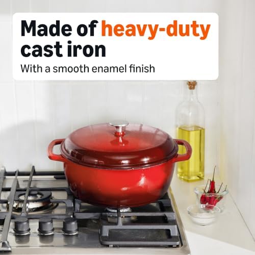 Amazon Basics Enameled Cast Iron Dutch Oven Pot With Lid, 4.3-Quart, Round, Dual Handles, Heavy-Duty, Oven Safe for Stews, Roasting & Baking, Red - Image 4