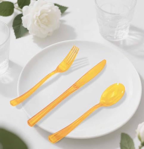 HEIPINIUYE 75 Pack Orange Clear Plastic Cutlery Heavy Duty Clear Fall Plastic Knives Forks and Spoons Disposable Silverware Set for 25 Guest Birthday Baby Shower Thanksgiving Party Utensil Set - Image 7