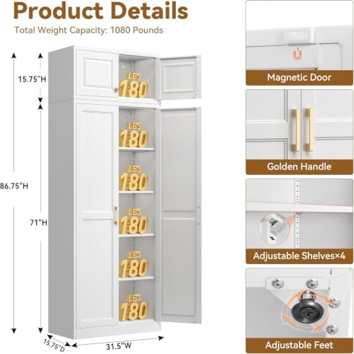 86" Metal Pantry Cabinet,Kitchen Storage Cabinet with Shelves - Image 2