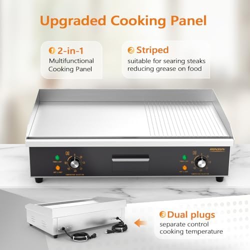 ROVSUN 30" Electric Griddle, Electric Countertop with Half Flat Top Griddle, 3000W Grill Stainless Steel with Adjustable Temperature Control 122°F-572°F for Commercial Home Restaurant, Plug - Image 6