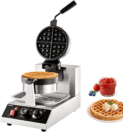 VEVOR Commercial Waffle Maker, 1300W Round Waffle Iron, Non-Stick Rotatable Waffle Baker Machine With 122-572℉ Temp Range and Time Control, Teflon-Coated Baking Pan Stainless Steel Body 110V by VEVOR