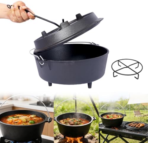 Cast Iron Dutch Oven, Camping Deep Pot w/Lid Lifter & Pot Stand, 6 Quart by Unknown