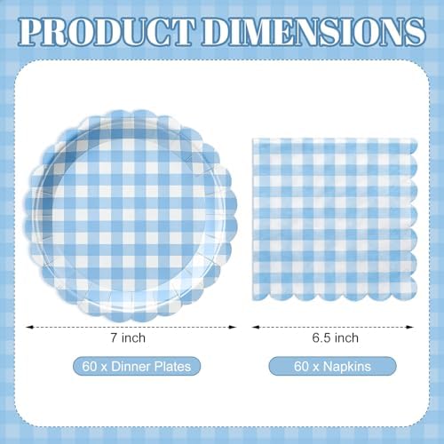 Roshtia 120 Pcs Blue Gingham Plates and Napkins Set, Boy Baby Shower - Image 2