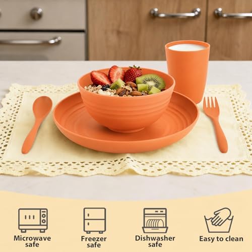 Kids Wheat Straw Dinnerware Sets for 4, 20 Piece Unbreakable Dinnerware Set, Plates and Bowls Sets, Kitchen Plates and Bowls Set, Lightweight Dish Set for Picnic, Camping, and Daily - Orange - Image 3