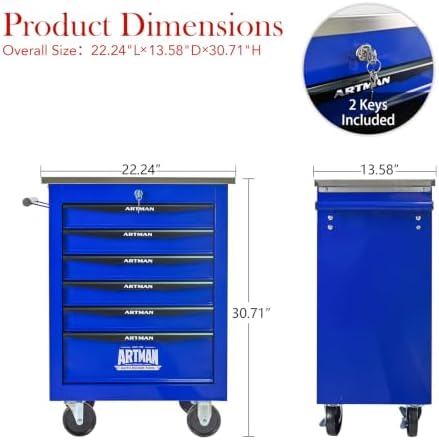 6-Drawer Heavy-Duty Rolling Tool Chest with Wheels & Steel Roof, Lockable Tool Chest Storage Cabinet for Garage, Workshop, Warehouse, and Repair Shop - Image 3