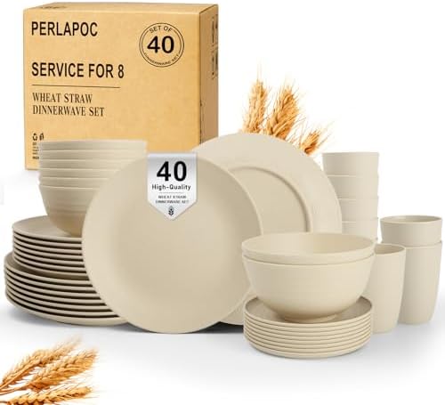 Dinnerware Sets 40 PCS Wheat Straw Plates and Bowls Sets With Cups Service for 8 Microwave Safe Dishes for Kitchen Lightweight Dish Set for RV Outdoor Activities Travel - Beige Colors by Perlapoc