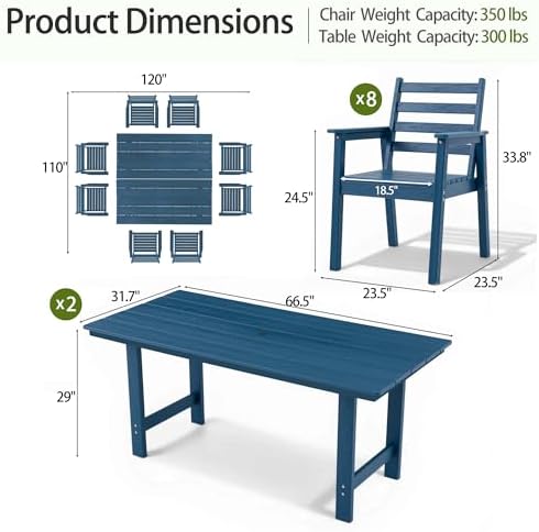 10-Piece Outdoor Dining Set, All-Weather HDPE Patio Furniture, Two 66.5" Slatted Table with 1.6" Umbrella Hole & 8 Ergonomic Armchairs, Heavy Duty 350lbs Capacity, UV Resistant, Blue - Image 3