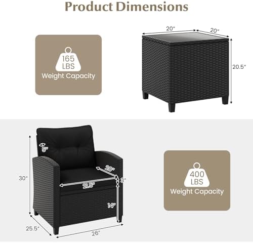 Tangkula 3 Piece Patio Furniture Set, Rattan Conversation Set w/Soft Seat & Back Cushions, Tempered Glass Topped Coffee Table, Cushioned Wicker Seating Set for Backyard, Porch, Poolside (Black) - Image 6