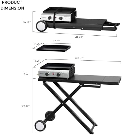 ROVSUN 2 Burner Foldable Propane Griddle with Wheels & Enameled Tray, 20000 BTU Portable Flat Top Gas Grill with Electronic Ignition & Regulator for Outdoor Cooking Camping BBQ Tailgating Picnicking - Image 6