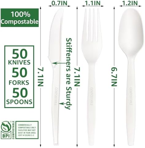 MISISIPI [7In 200Pcs] 100% Compostable Forks and Spoons Utensils Cutlery Silverware Heavyduty Eco-friendly Disposable Plastic free Forks and Spoons Utensils Cutlery Silverware for Party BBQ Lounge - Image 3
