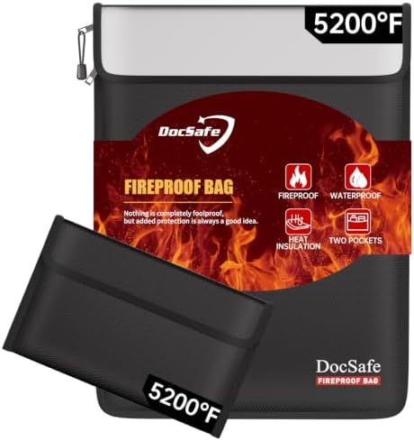DocSafe Fireproof Document Bag (5200℉) with Fireproof Organizer Travel Case,Heat Insulated Fire＆Water Resistant 8 Layers Safe Money Bag Storage for Important Documents,Cash,Power Bank,Valuables,Black by DocSafe