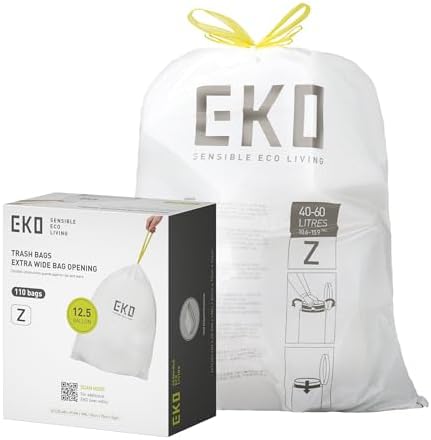 EKO 12.5 Gallon / 40-60 Liter, 110 Count Drawstring Trash Bags, Extra-Strong Garbage Bags, Unscented, Leak-Resistant, Easy-Dispense Roll for Kitchen & Household Use, Code Z, White by Unknown