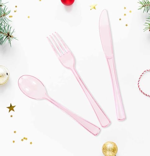 HEIPINIUYE 75 Pack Light Pink Clear Plastic Cutlery Heavy Duty Clear Pink Plastic Knives Forks and Spoons Disposable Silverware Set for 25 Guest Camping Birthday Baby Shower Party Utensil Set - Image 4
