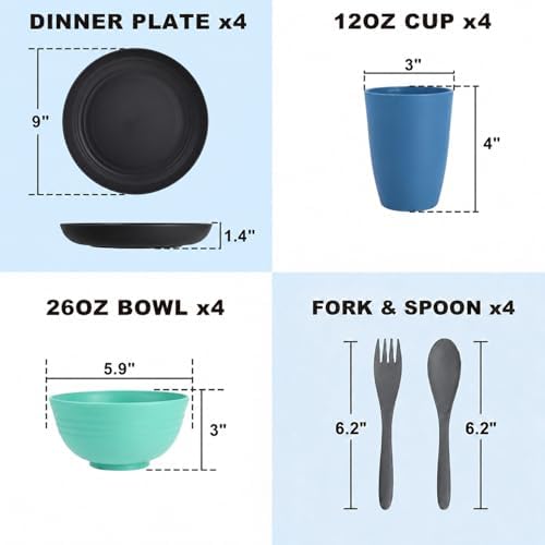 20PCS Plastic Dishes Set for 4, Unbreakable Wheat Straw Plates and Bowl Set - Image 2