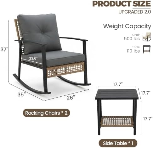 TARKARI 3-Piece Patio Rocking Chairs Set of 2, Rocking Chair Bistro Set [Upgraded 2.0] & 2-Tier Coffee Table, Wicker Rocking Chair Outdoor Patio Furniture Set for Backyard, Porch, Balcony (Grey) - Image 2