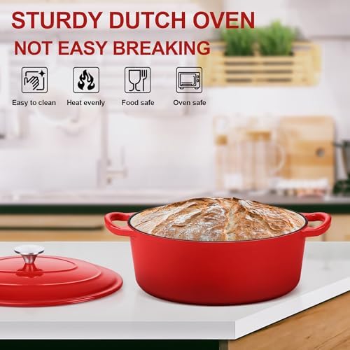 E-far 7QT Oval Dutch Oven Pot with Lid, Red Enameled Cast Iron Dutch Oven - Image 6