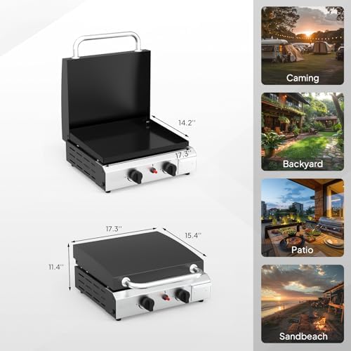 Bonnlo 2 Burner Portable Propane Griddle with Lid, 20000BTU Tabletop Flat Gas Grill with Ignition and Oil Collector, Camping Griddle for Outdoor Cooking Patio Backyard Sandbeach BBQ Party - Image 6