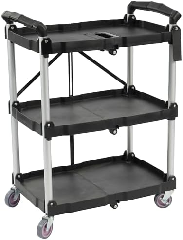 ELEVON Portable Folding Collapsible Service Cart Foldable Service Cart 3 Tier Collapsible Push Cart Folding Utility Carts with Wheels for Office Warehouse Home, Black by ELEVON