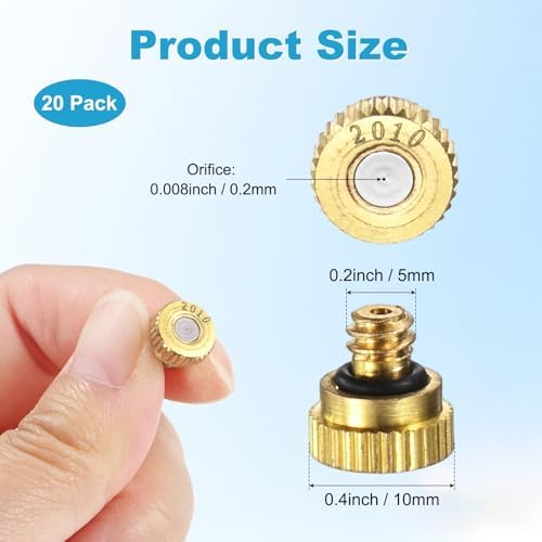 M METERXITY 20-Pack Brass Misting Nozzles, 0.008inch/0.2mm Orifice Heavy Duty 10/24 UNC Screw Thread Misting Nozzle Plug for Outdoor Spray Cooling System/Patio Mist System/Dust Control - Image 3