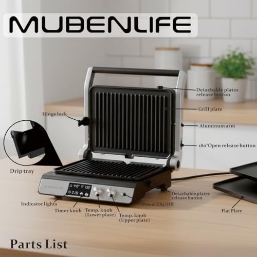 Panini Press,4 Slices Contact Grill with Removable Non-Stick Coated Grill and Flat Plates,Panini Makers with Temperature Control and Timer,Open 180 Degrees,Grill and Griddle (Half black with digital) - Image 6