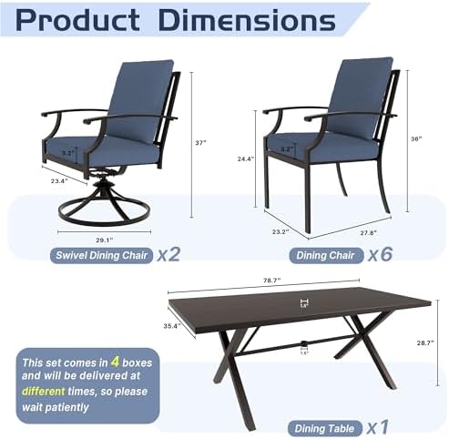 ALAULM 9-Piece Patio Dining Table and Chairs for 8 Outdoor Dining Set with 2 Swivel Chairs Patio Dining Sets with Rectangular Metal Table with Umbrella Hole for Patio, Backyard, Garden-Dark Blue - Image 6