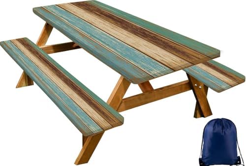 CAPSCEOLL Picnic Table Cover with Bench Covers 5ft - Blue Brown Wood by CAPSCEOLL