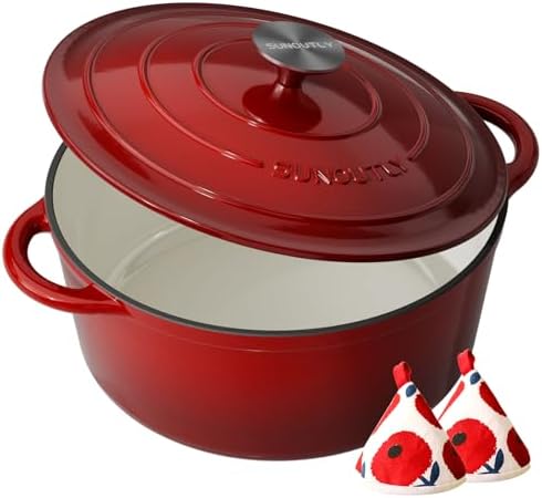 Enameled Cast Iron Dutch Oven, 6QT Pot with Lid, Cherry Red by SUNOUTLY